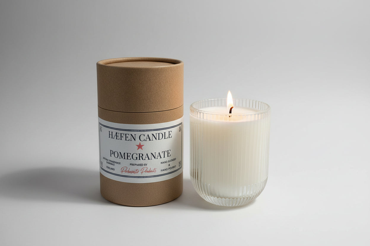 Pomegranate HÆFEN Soy Wax Candle in ribbed glass – Fruity & warm scent, sustainable vegan candle by Parkminster, 200g, eco-friendly gift London.