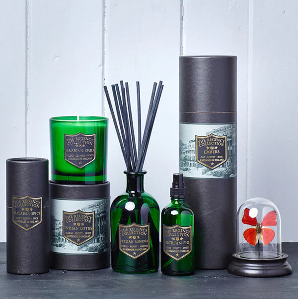 Parkminster  Regency Collection: luxury green glass bottle, ten reeds, smoky leather and wood fragrance, plastic-free vegan diffuser, handmade in Cornwall UK