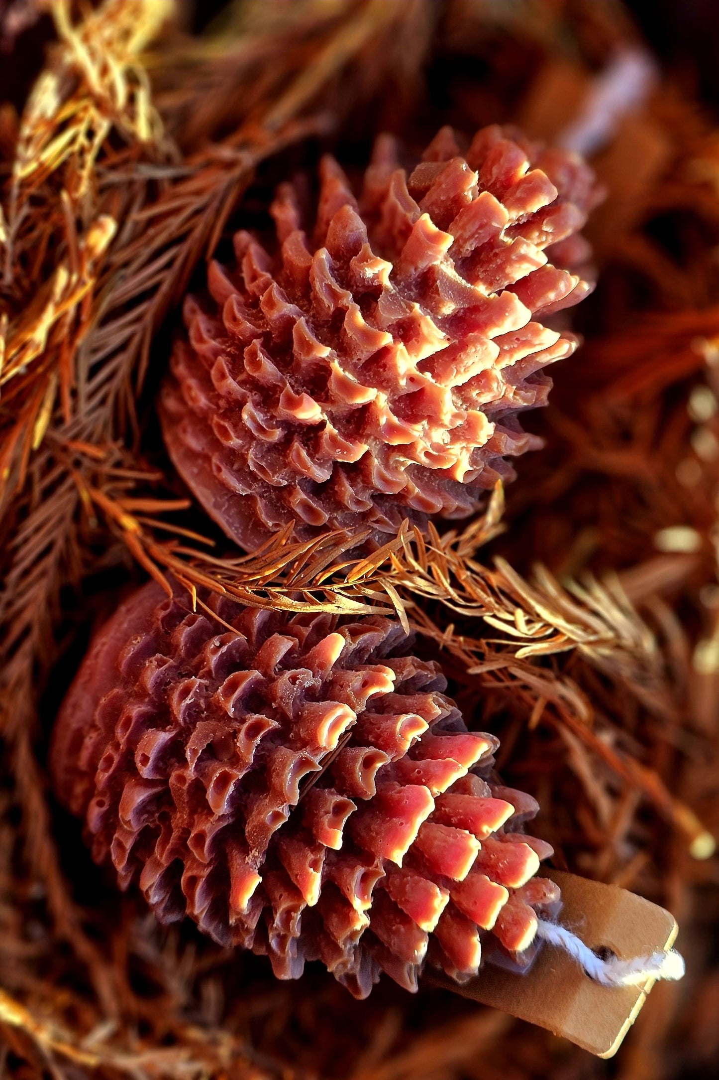 Close-up of Kind As Folk Handmade Soy Wax Pine Cone Candle, natural texture