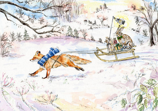 Jessica Kendrew Fox & Sleigh Christmas card, whimsical illustration of fox pulling sleigh with hedgehog and hare through snowy woodland