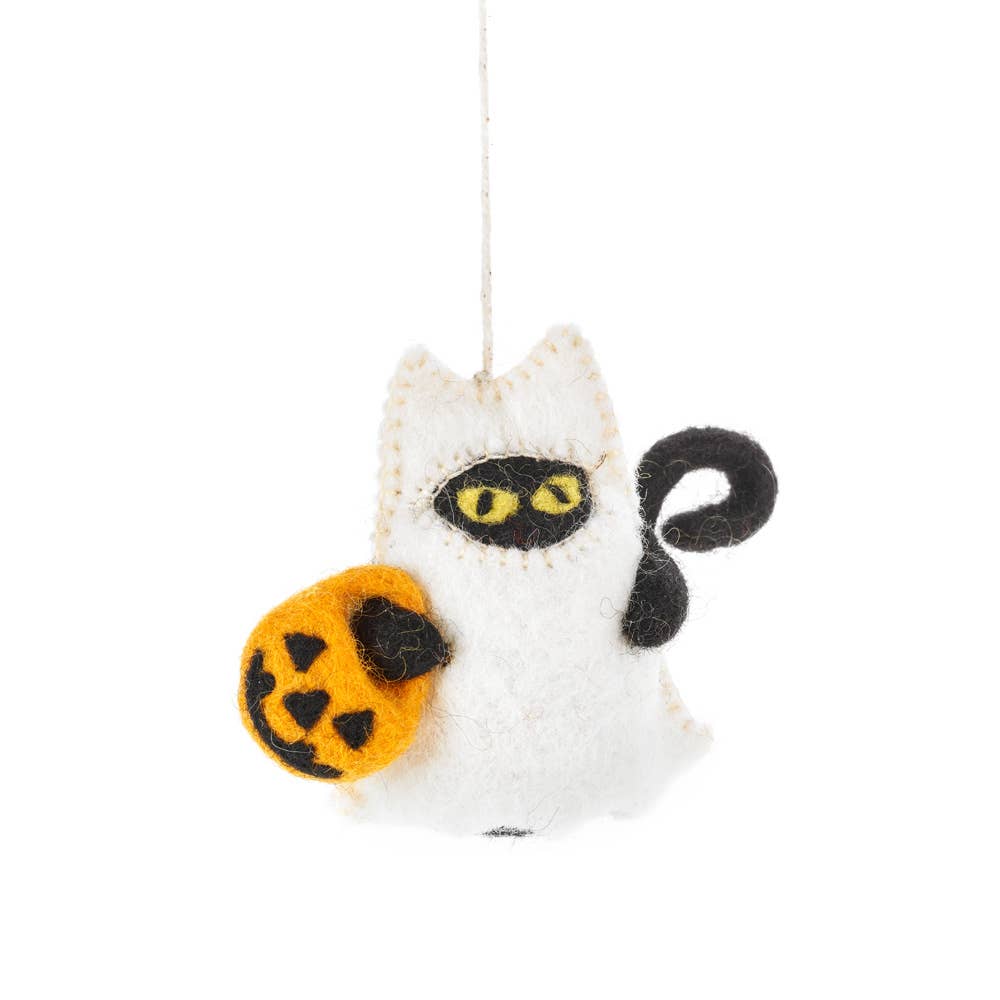 Handmade Boo! Cat Halloween hanging decoration with pumpkin bag