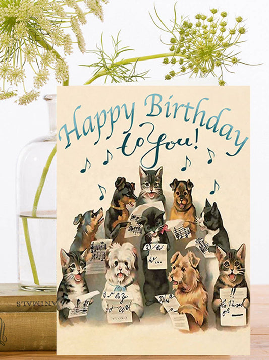 Madame Treacle Cats and Dogs Chorus birthday card – eco conscious stationery