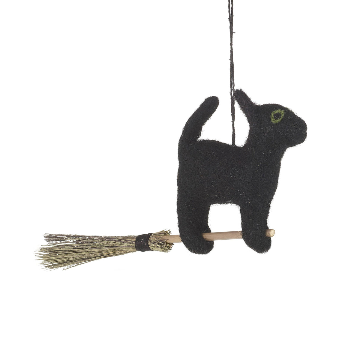 Handmade Flying Black Cat Felt Halloween Decoration on Broomstick