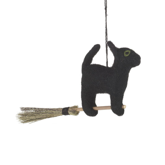 Handmade Flying Black Cat Felt Halloween Decoration on Broomstick