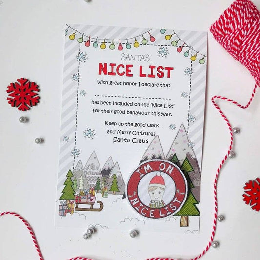 Santa's Nice List wooden pin badge and A5 certificate set, eco-friendly Christmas gift