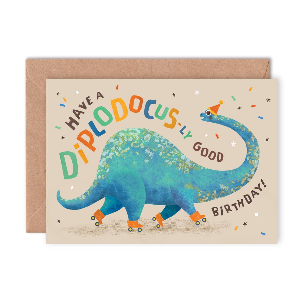 Close-up of 'Diplodocus-ly Good' birthday card featuring a colourful dinosaur illustration