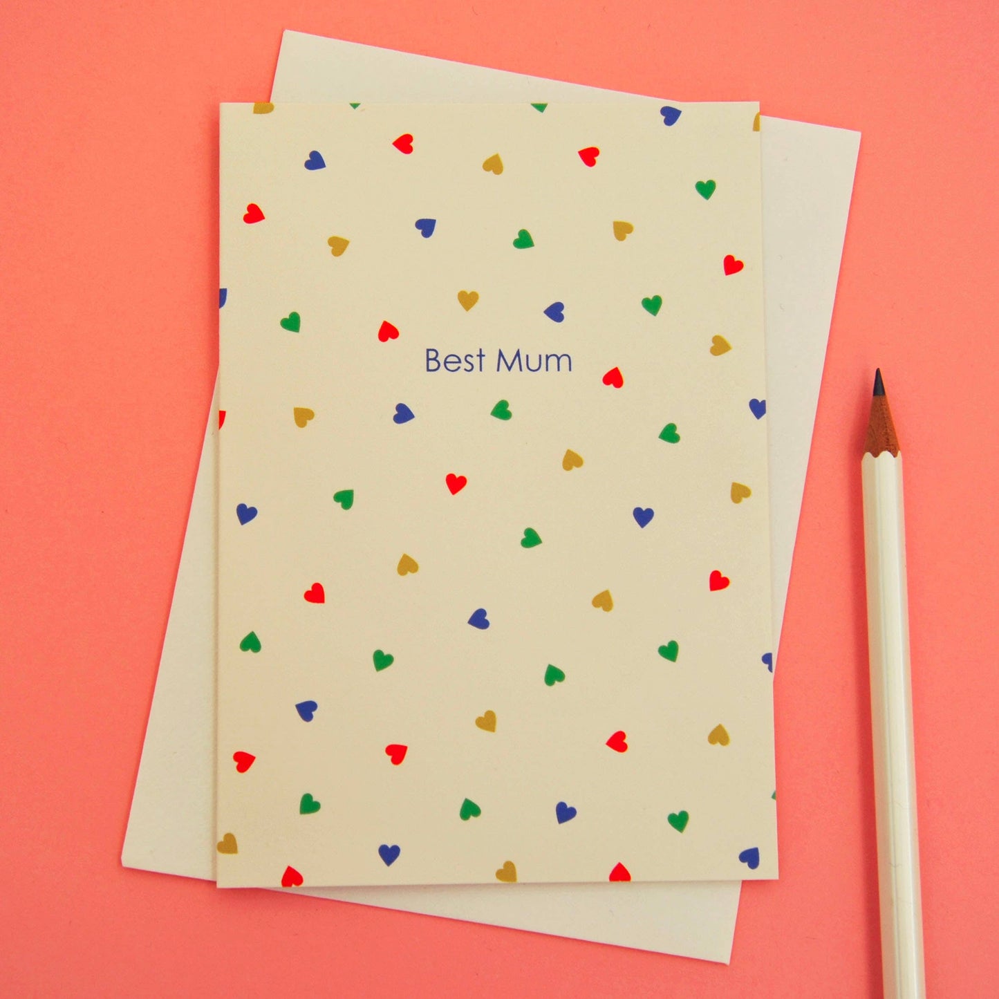 Close-up of Best Mum Hearts Card, featuring colourful hearts and 'Best Mum' text