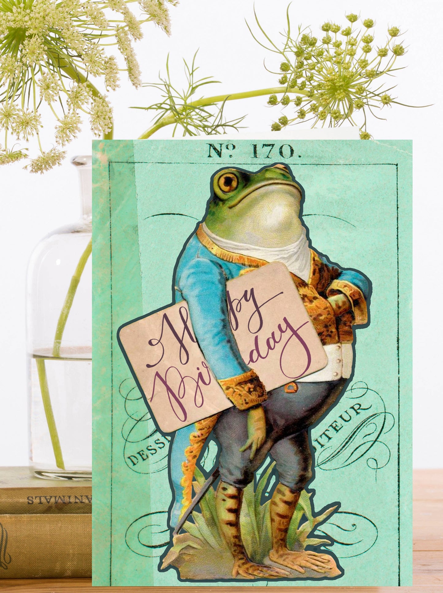 Mr Frog Birthday Card front, vintage collage design, eco-friendly
