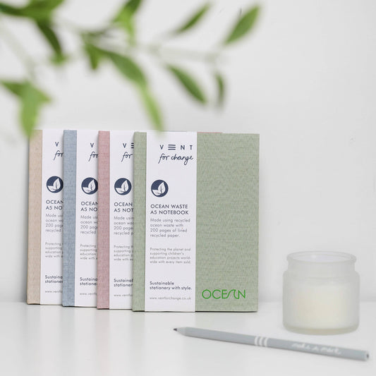 A5 lined Notebooks made from Recycled Ocean Plastic.

Hardback tactile fabric covers made using 55% recycled ocean waste plastic mixed with 45% post-consumer recycled plastics 100 Sheets (200 pages) of 100% recycled lined paper. Contrasting design to the back cover and inside covers.