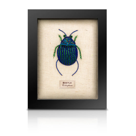 Framed Hand Embroidered Beaded Fat Blue Beetle