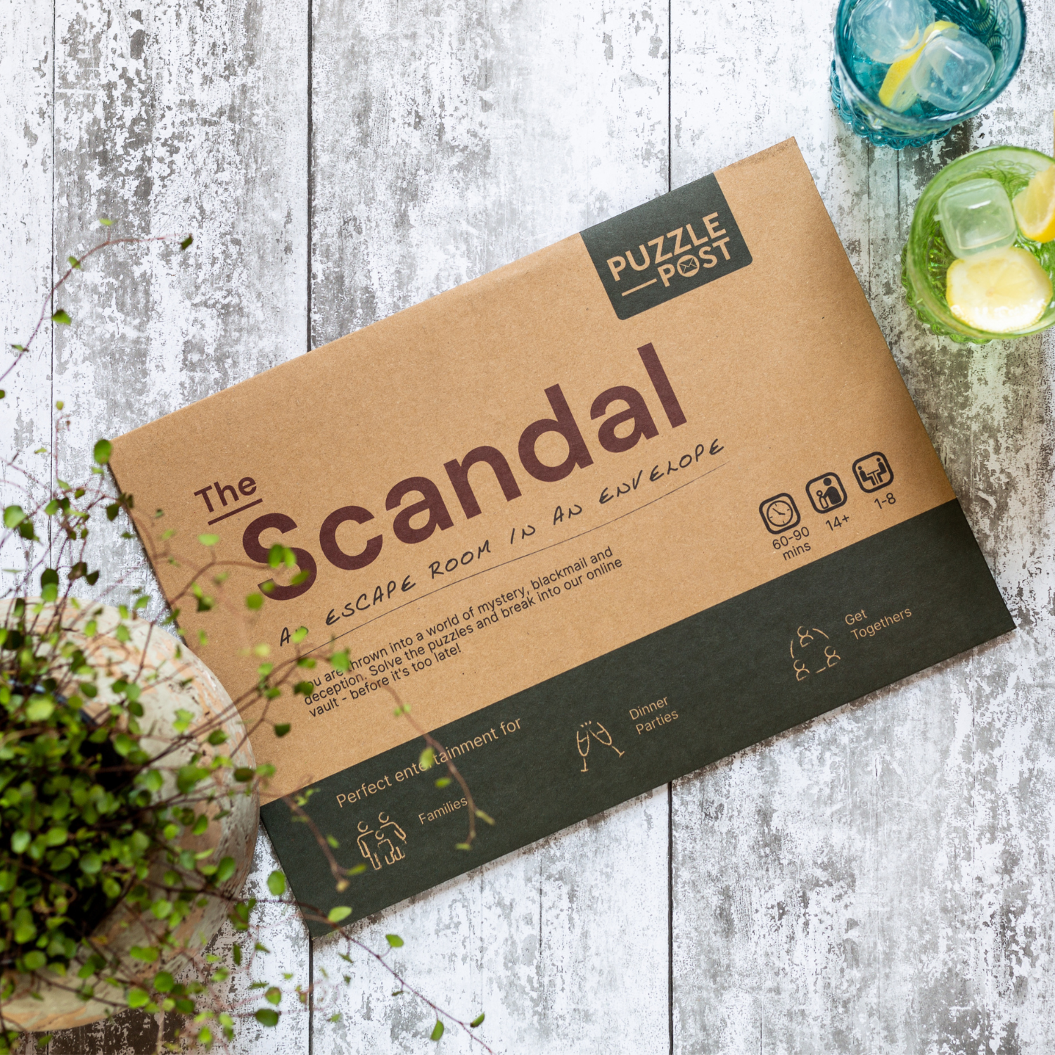 The Scandal at-home escape room game box, showcasing a tennis championship mystery with 10 immersive puzzles. Sustainably sourced packaging.