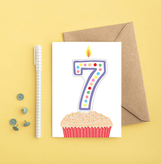 7th Birthday Greeting Card. A brightly coloured cupcake with a number 7 candle on top.