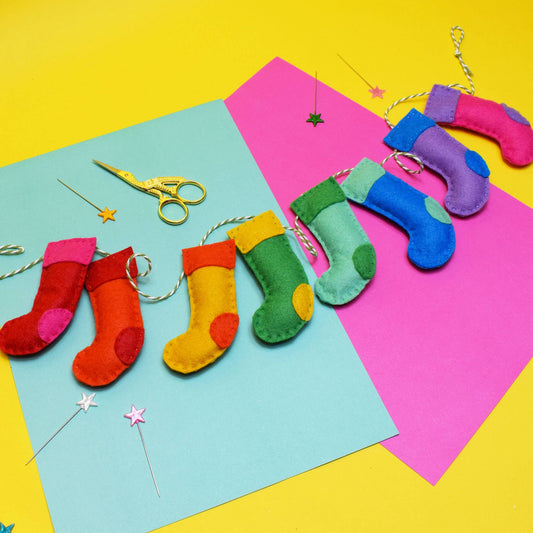 Stitch a set of cute and colourful stockings for a traditional Christmas decoration with a twist! Our felt project kits are great for beginners as the kit contains everything you'll need to sew and assemble the beautiful decorations. Learn to sew and decorate your home with some handmade ornaments this 