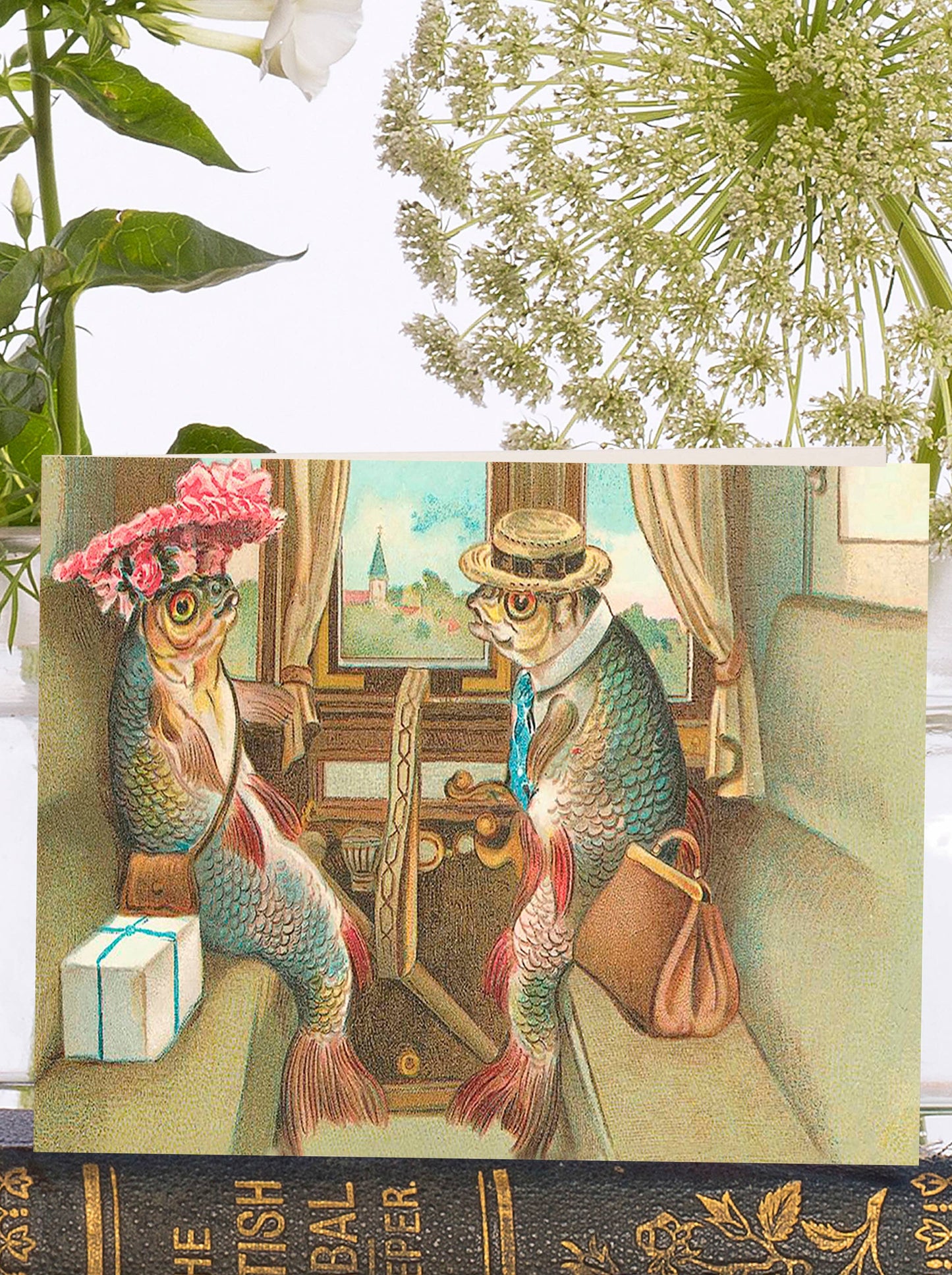 Sustainably certified Fishy Tourists vintage greeting card – eco-friendly, biodegradable, UK