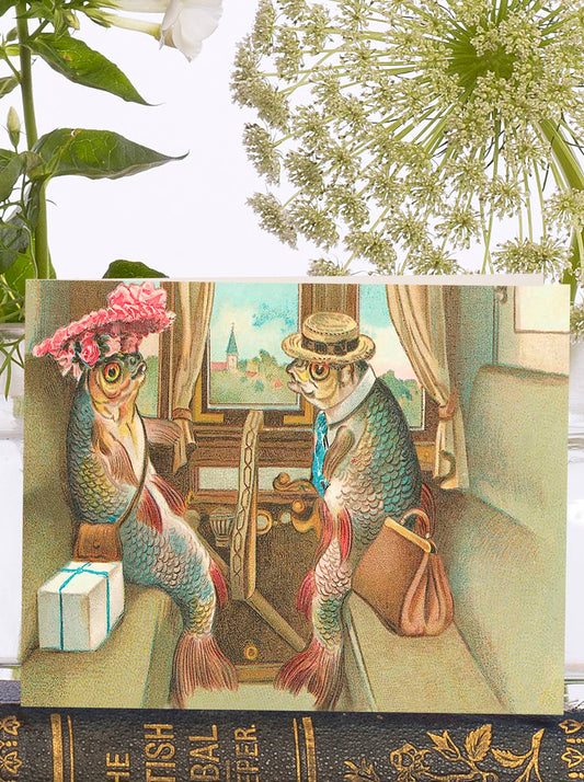Sustainably certified Fishy Tourists vintage greeting card – eco-friendly, biodegradable, UK