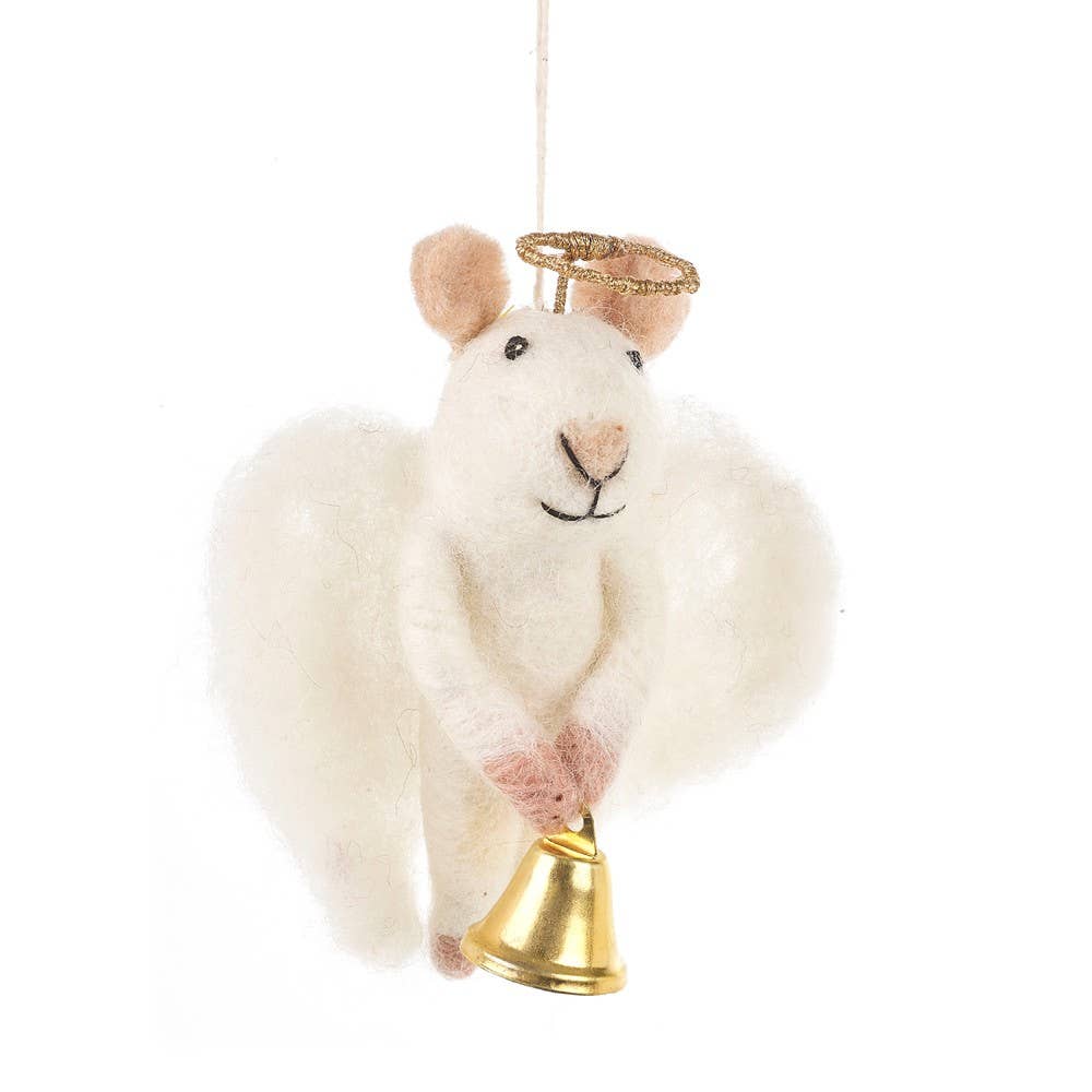 Handcrafted white felt mouse Christmas tree decoration named Angelica, with pink ears, golden halo, and small bell, hanging on a green Christmas tree branch.