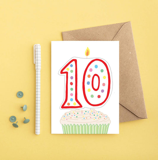 10th Birthday Greeting Card - You've got pen on your face. A brightly coloured cupcake with a 10 candle on top.