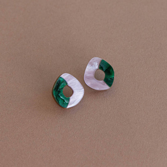 'Oh' Stud Earrings - Teal & Lilac. Made from sustainably sourced wood and acrylic.
