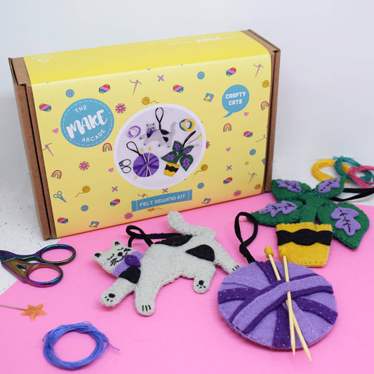 Crafty Cats Felt Stitching Set. Three felt hanging decorations. A cat, a ball of wool and a plant.