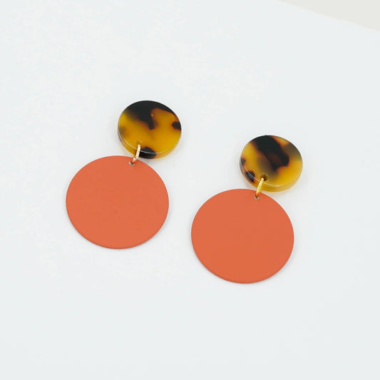 Colour Pop Disc and Tortoiseshell Earrings - Rust Orange