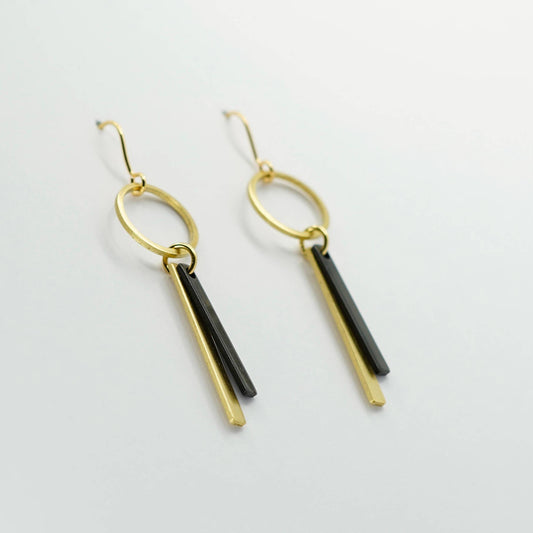 Black + Brass | Circle Double Bar Drop Earrings