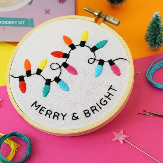 Stitch a colourful Christmas message with this bright embroidery kit! The original illustrated design has been digitally printed onto cotton so you can add your stitching and details, following our tips and instructions. This kit is perfect for beginners as it only uses a couple of basic stitches but if you're an embroidery pro please feel free to freestyle! 