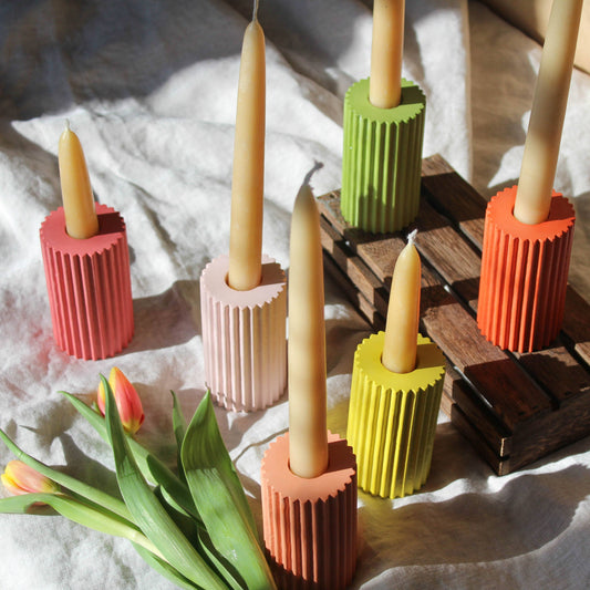 Colourful Ridged Candlesticks | Taper Candle Holders - Coral
